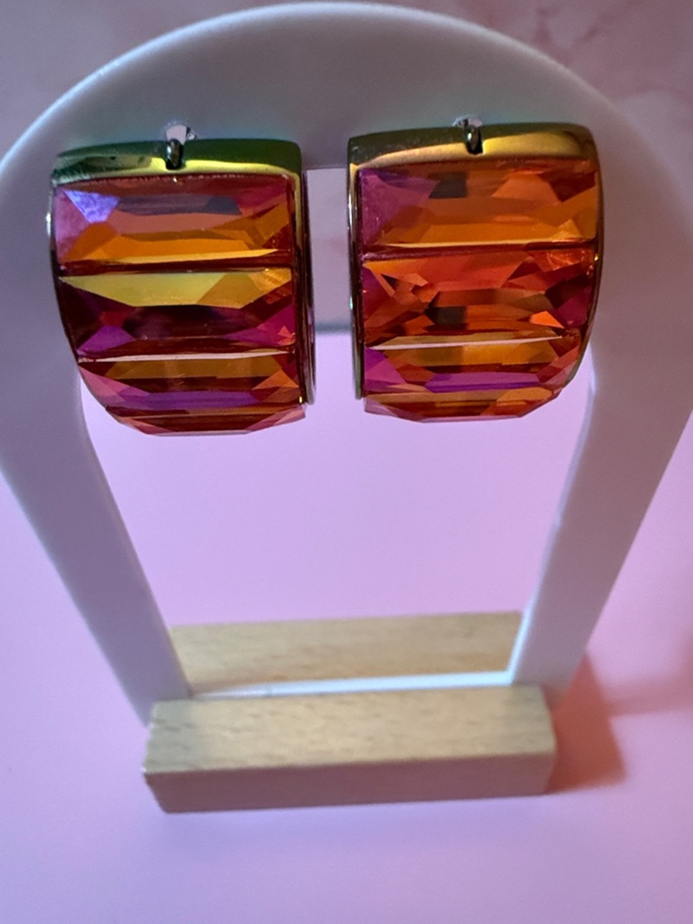 Swarovski Iridescent Rectangular Studs in Pink and Gold